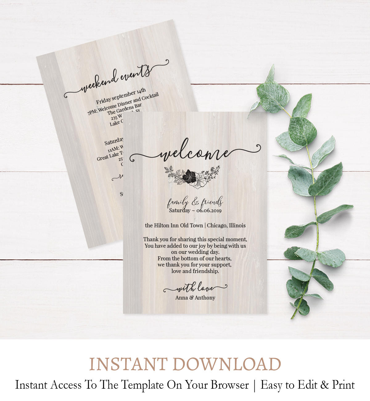 Rustic Wood Wedding Itinerary Template, Rustic Wedding Itinerary Rustic  Wedding Thank You Card Printable C4 In Template For Wedding Thank You Cards
