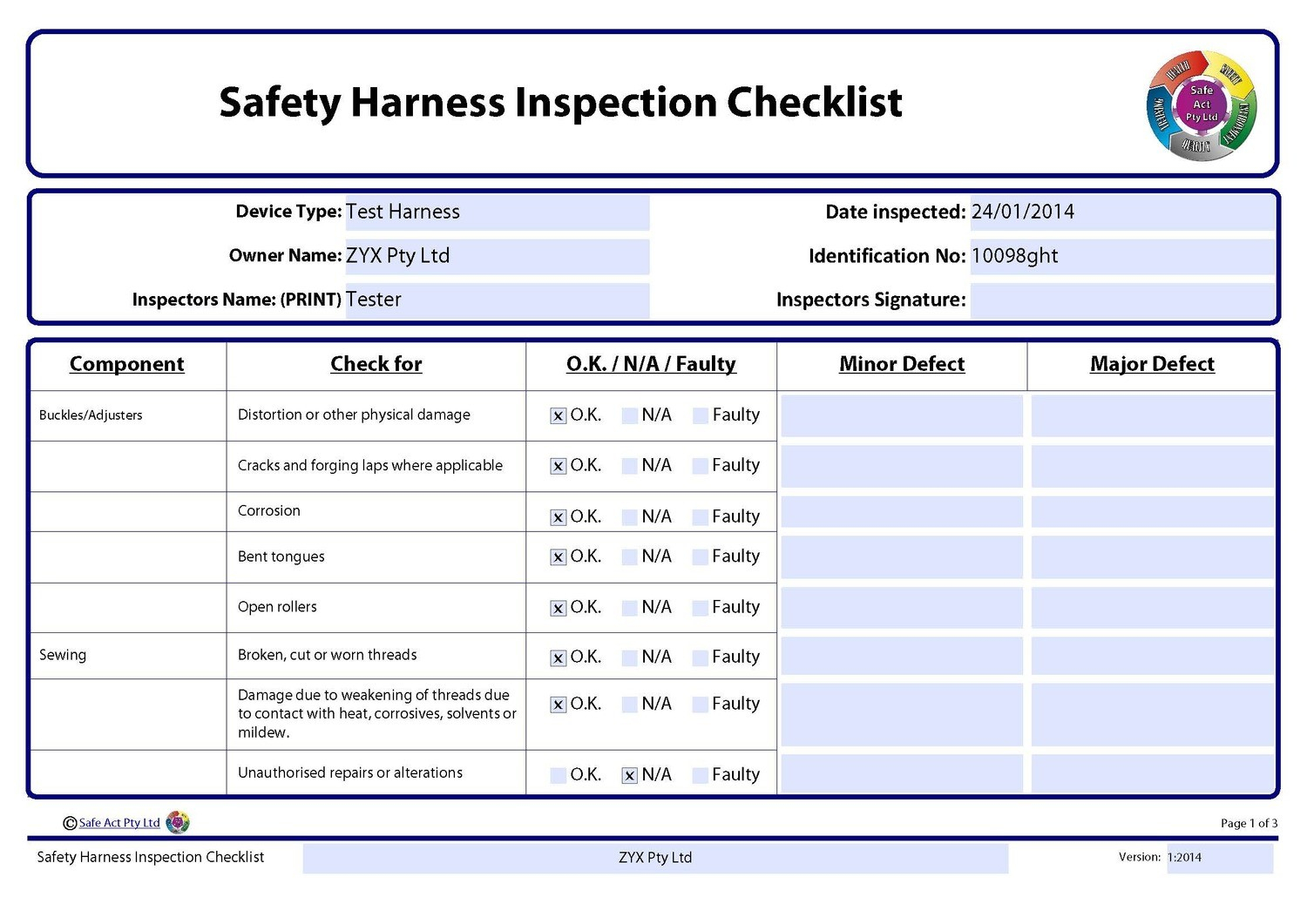 Safety Harness Inspection Checklist Intended For Certificate Of Inspection Template