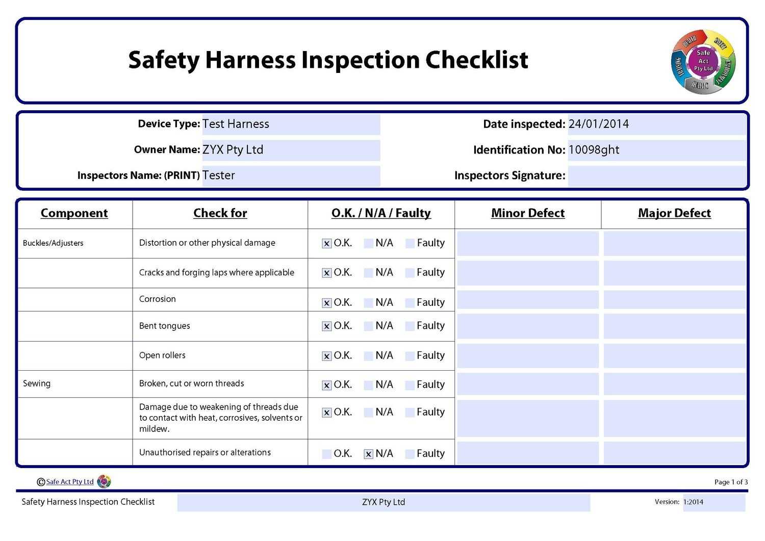 Safety Harness Inspection Checklist Intended For Certificate Of Inspection Template