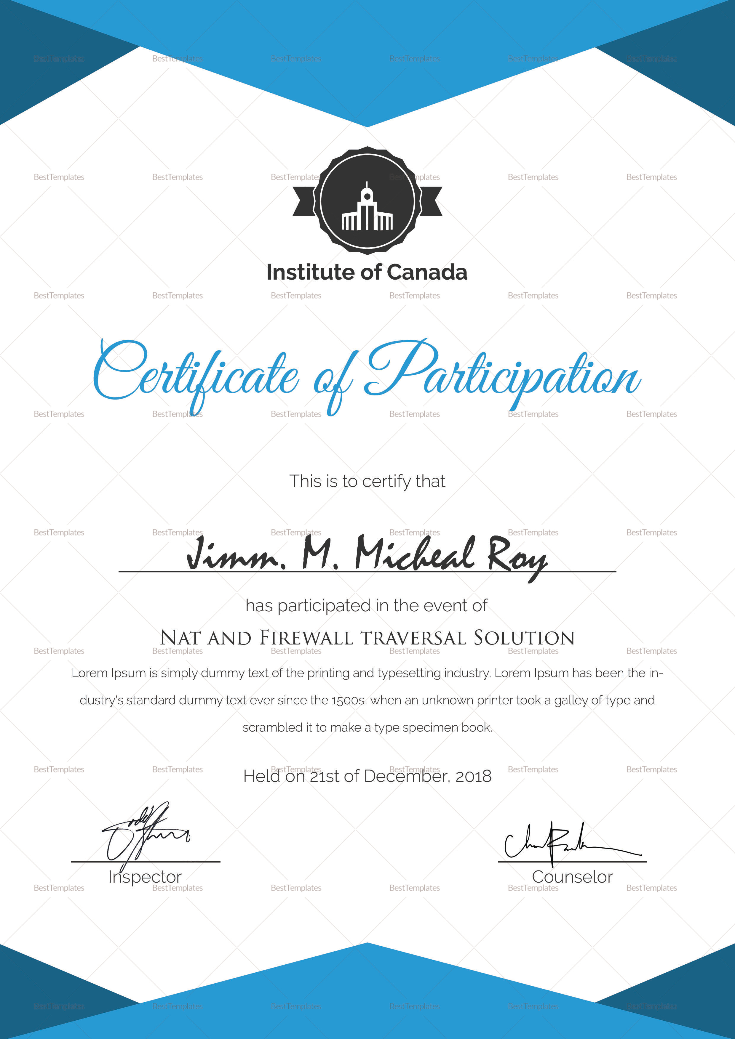 Sample Certificate Of Participation Template Within Templates For Certificates Of Participation