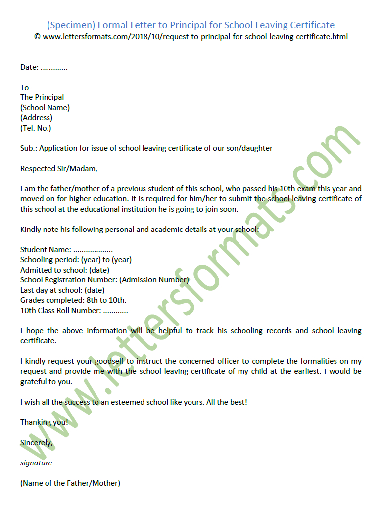 Sample Formal Letter To Principal For School Leaving Certificate For School Leaving Certificate Template