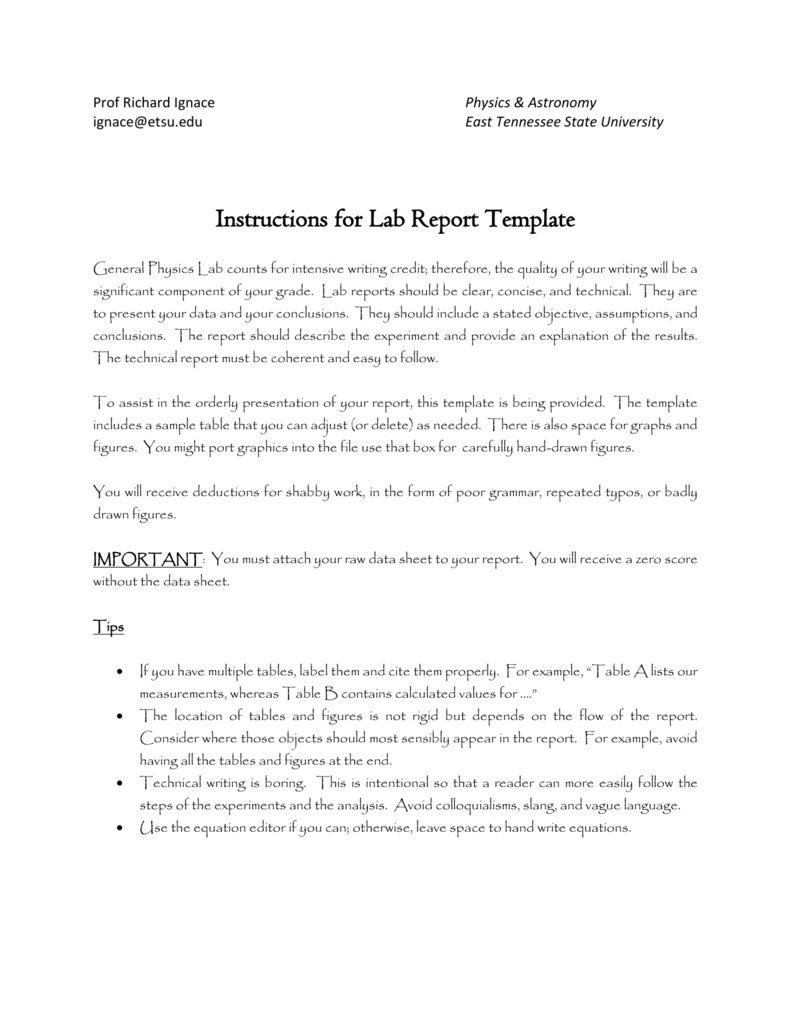 Sample Lab Report – Faculty – East Tennessee State University Throughout Physics Lab Report Template