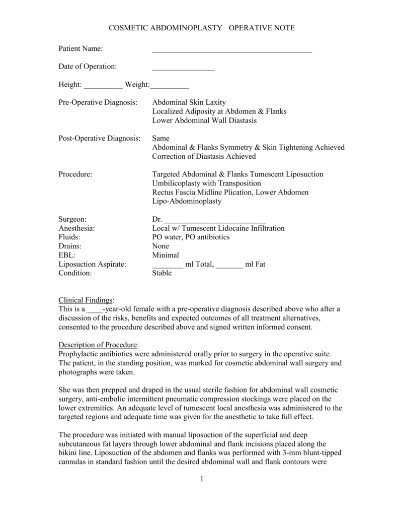 Sample Operative Note Within Operative Report Template