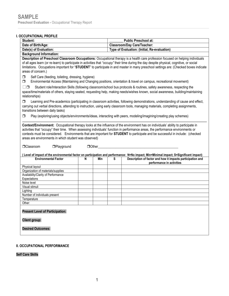 Sample/template For Occupational Therapy Preschool Evaluation With Regard To Template For Evaluation Report