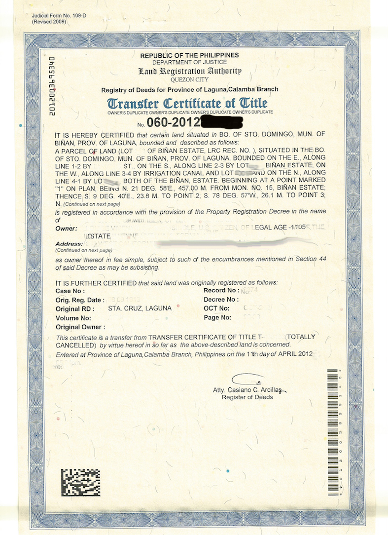 Sample Transfer Certificate Of Title Of A Parcel Of Land Inside Certificate Of Ownership Template