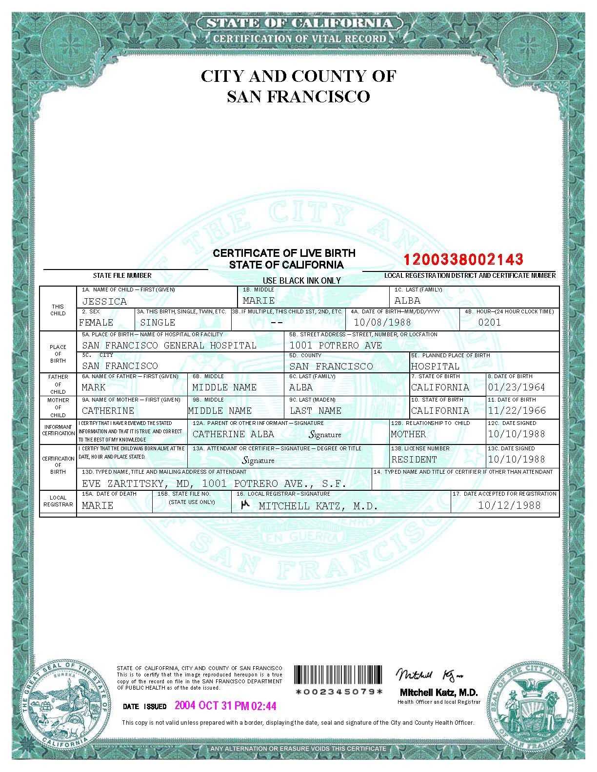 San Francisco Birth Certificate Template | Birth Certificate Inside Birth Certificate Fake Template