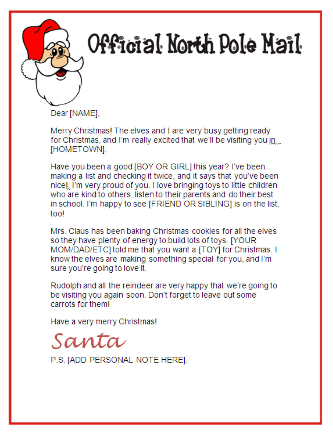 Santa Letter Stationary – Official North Pole Mail With Letter From Santa Template Word