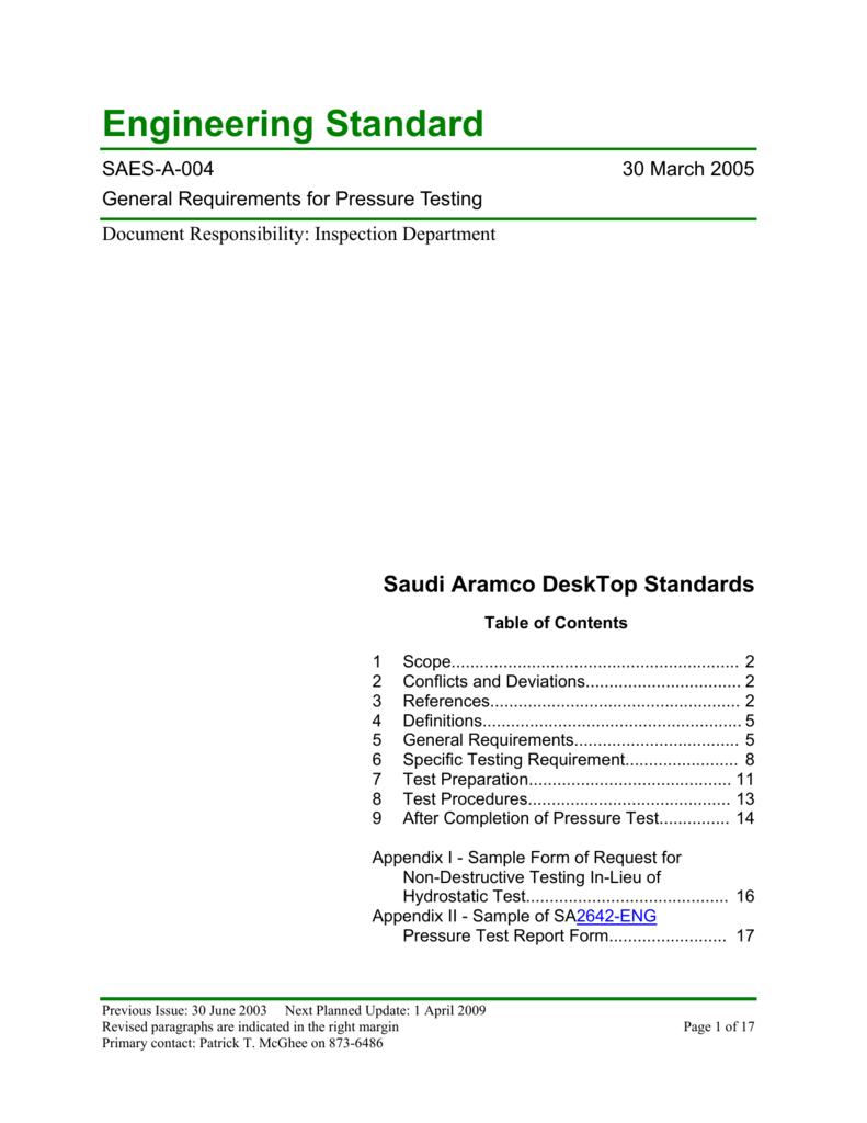 Saudi Aramco Engineering Standard Throughout Hydrostatic Pressure Test Report Template