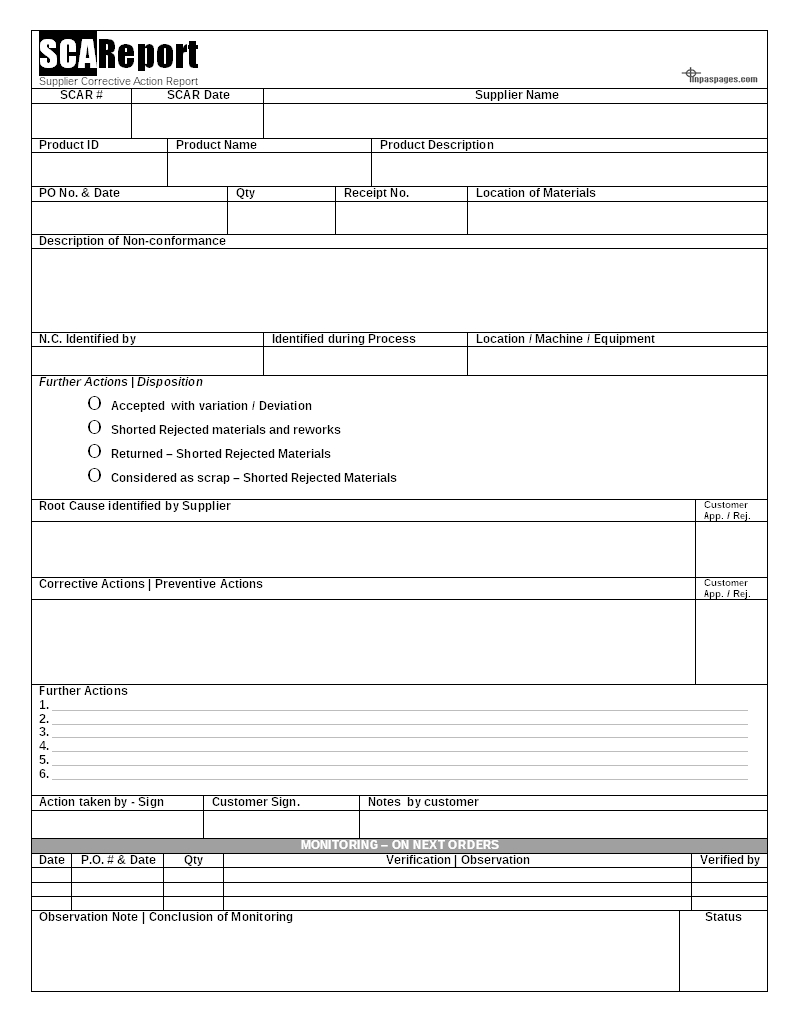 Scar (Supplier Corrective Action Report) – Capa – Pertaining To Corrective Action Report Template