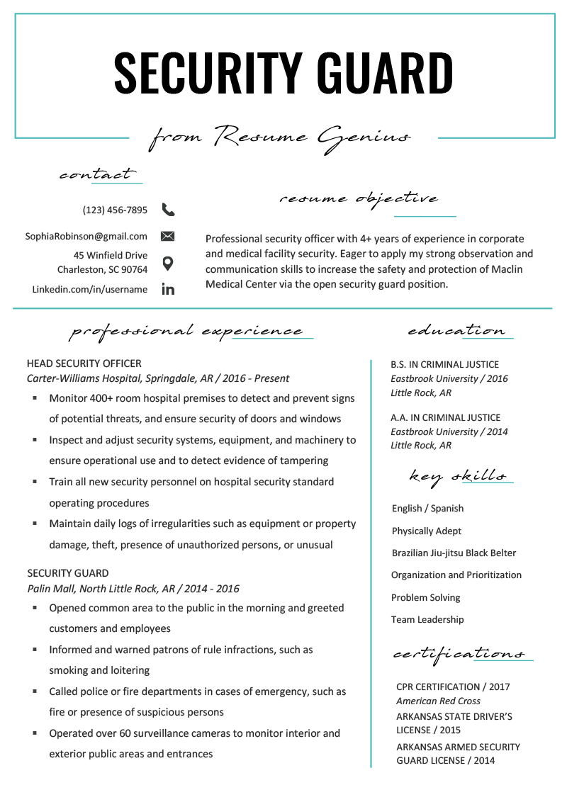Security Guard Resume Sample & Writing Tips | Resume Genius With History And Physical Template Word