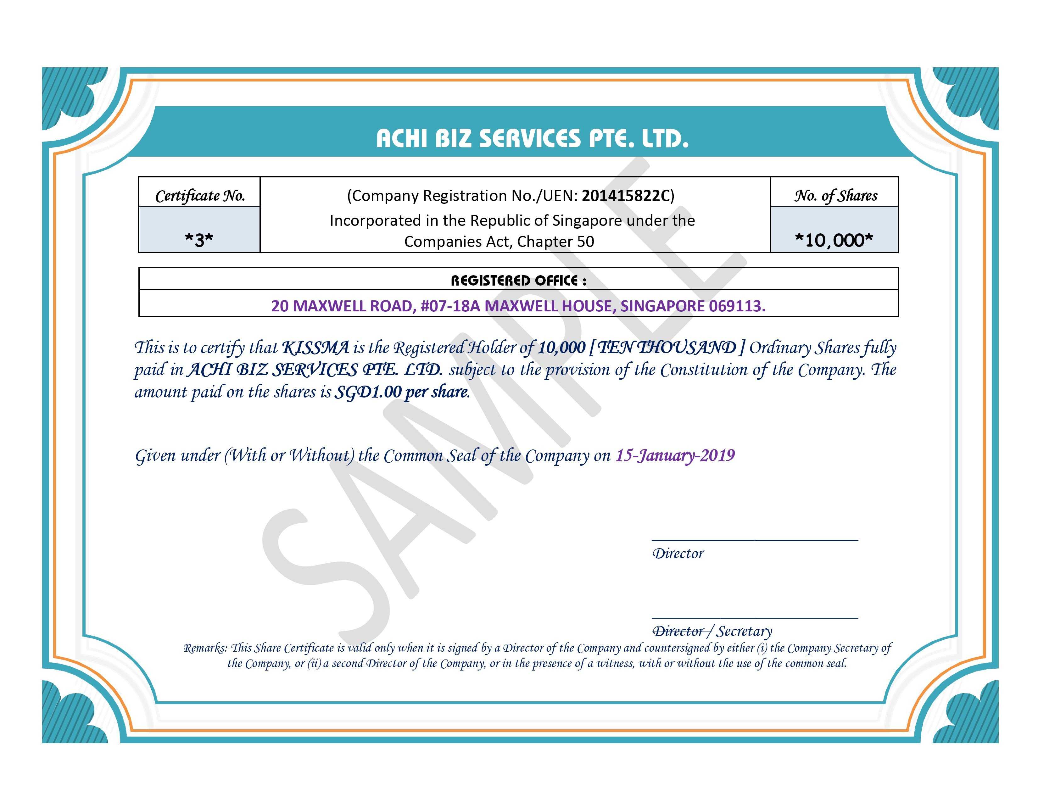 Share Certificate In Singapore ~ Achibiz Within Share Certificate Template Companies House