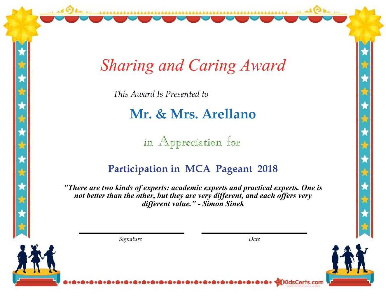 Sharing And Caring Award – Participation In Mca Pageant 2018 Intended For Pageant Certificate Template