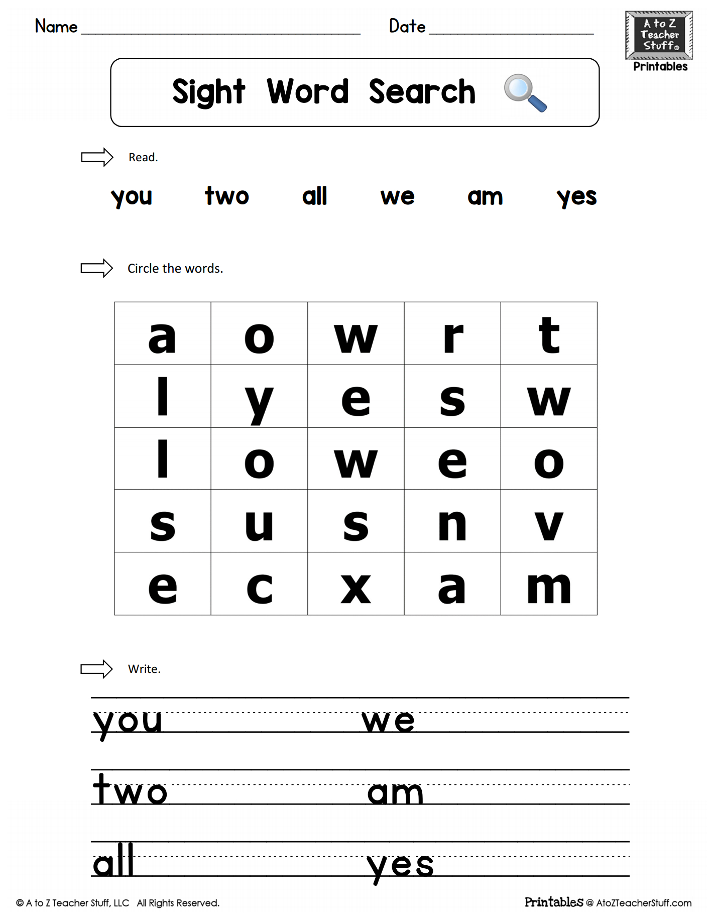 Sight Words Practice Word Search: You, Two, We, All, Am, Yes Throughout Blank Word Search Template Free