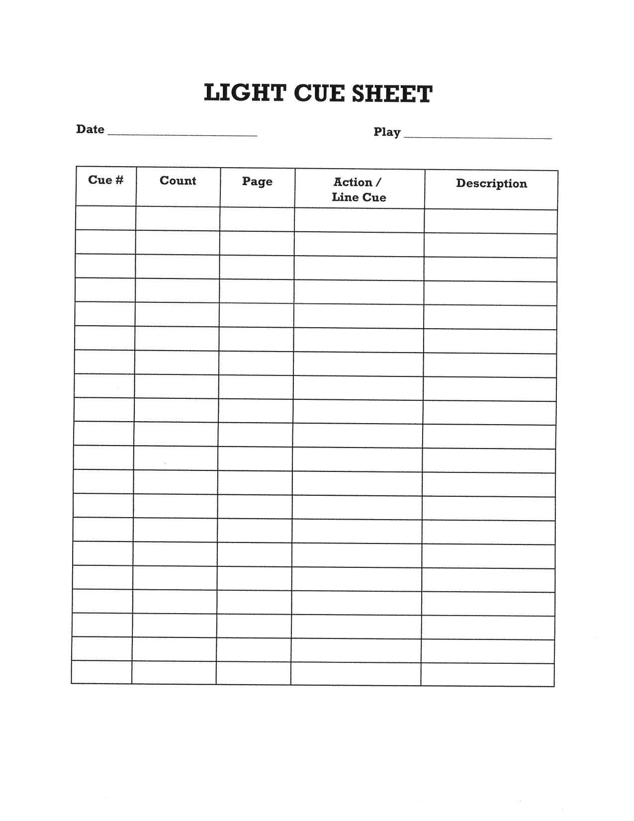 Simple Lighting Cue Sheet For Students. | Backstage Ideas In With Regard To Queue Cards Template