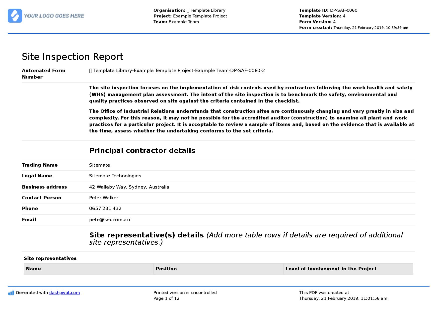 Site Inspection Report: Free Template, Sample And A Proven For Part Inspection Report Template