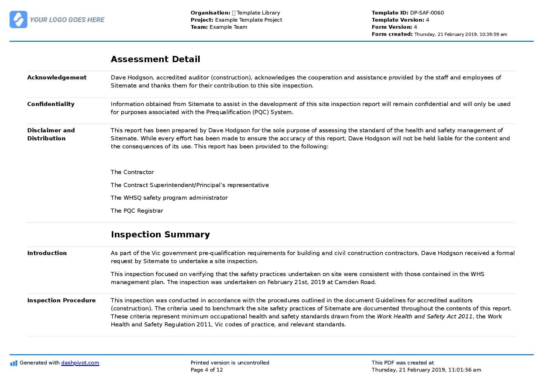 Site Inspection Report: Free Template, Sample And A Proven Pertaining To Engineering Inspection Report Template