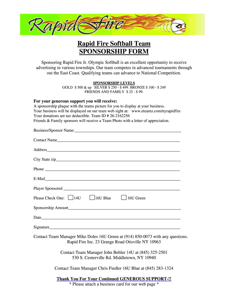 Softball Sponsorship Form – Fill Online, Printable, Fillable With Regard To Blank Sponsorship Form Template