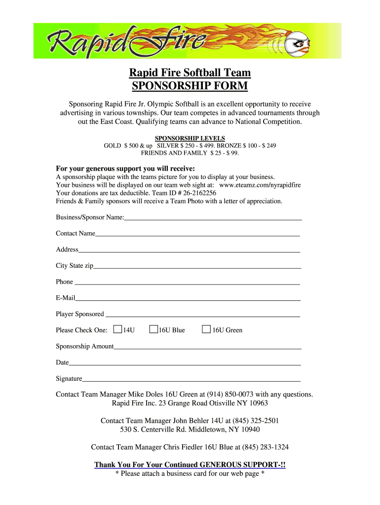 Softball Sponsorship Form – Fill Online, Printable, Fillable Within Blank Sponsor Form Template Free