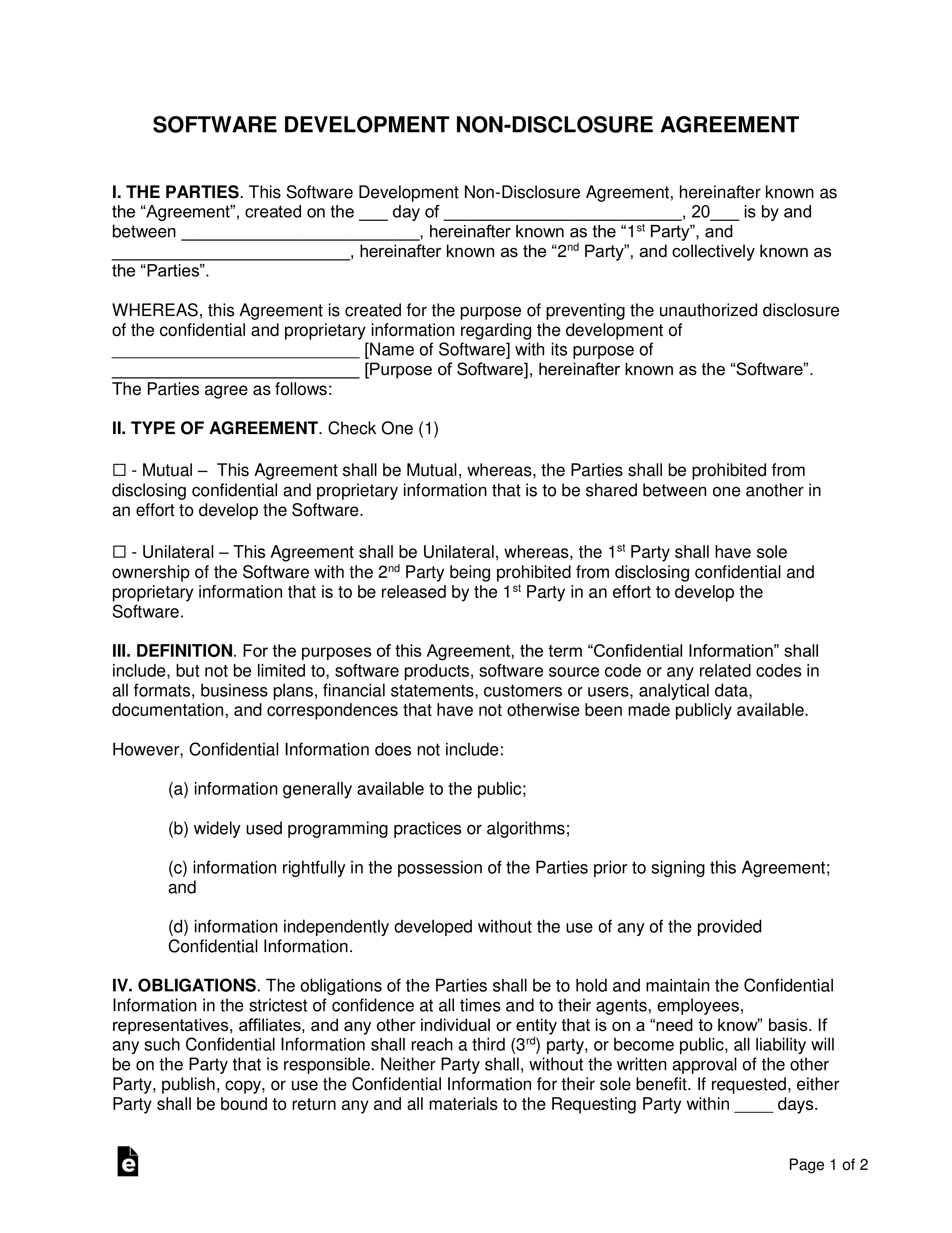 Software Development Non Disclosure Agreement (Nda) Template With Nda Template Word Document