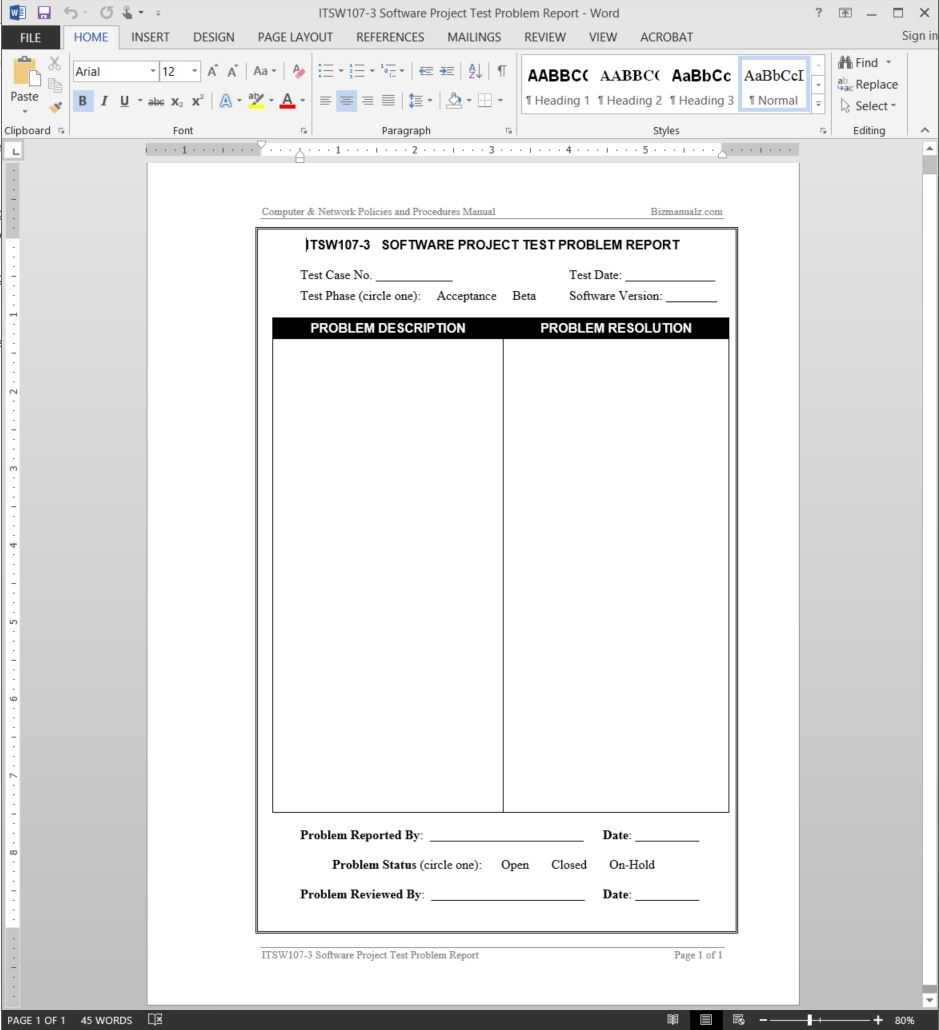 Software Project Test Problem Report Template | Itsw107 3 With Acceptance Test Report Template