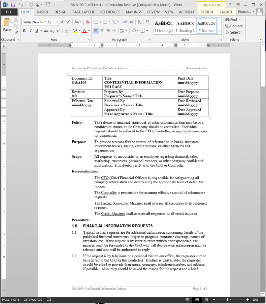 Sop Policies And Procedures Manual Templates | Bizmanualz With Training Manual Template Microsoft Word