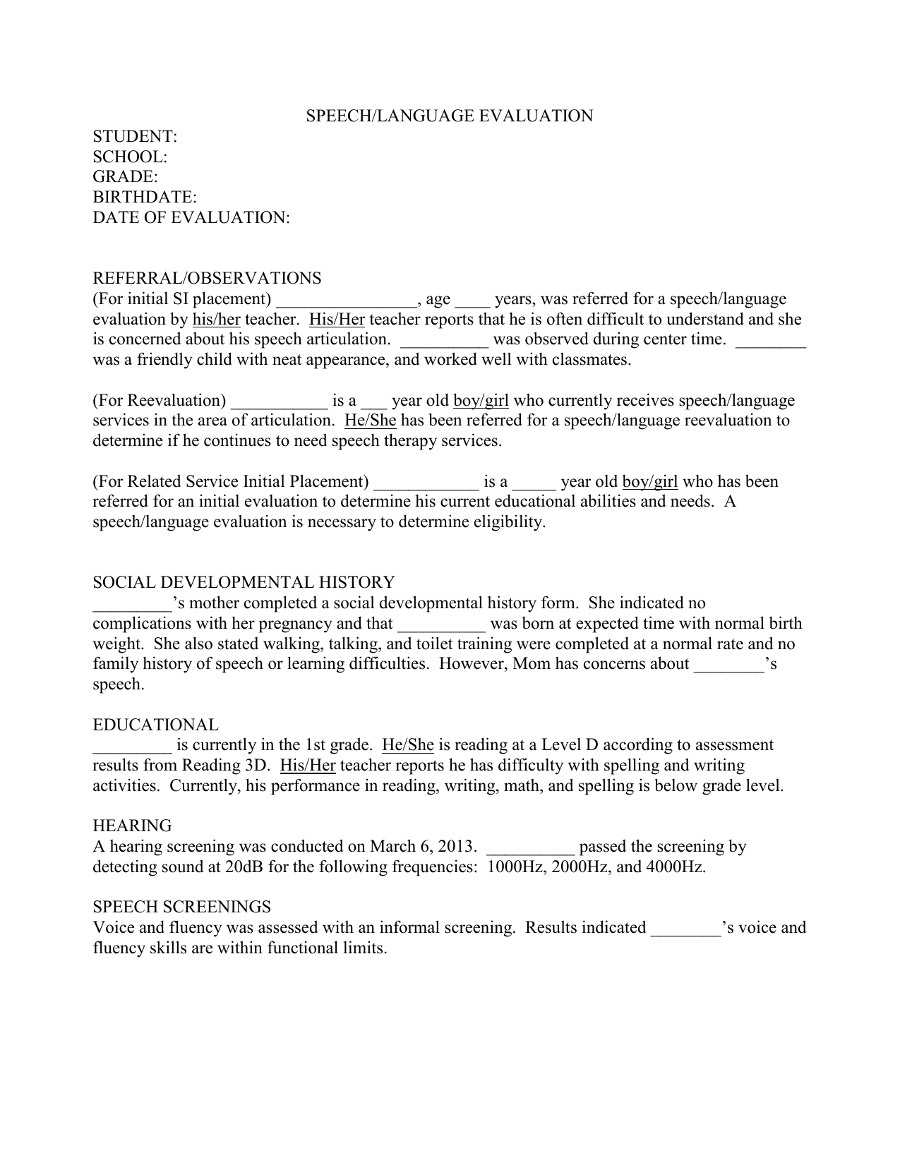 Speech Evaluation Report Template 21 Inside Speech And Language Report Template