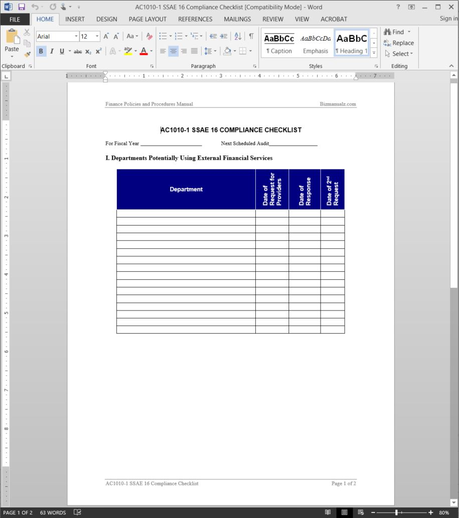 Ssae 16 Compliance Checklist Template | Ac1010 1 Intended For Ssae 16 Report Template