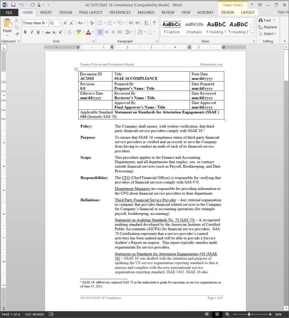Ssae 16 Report Template