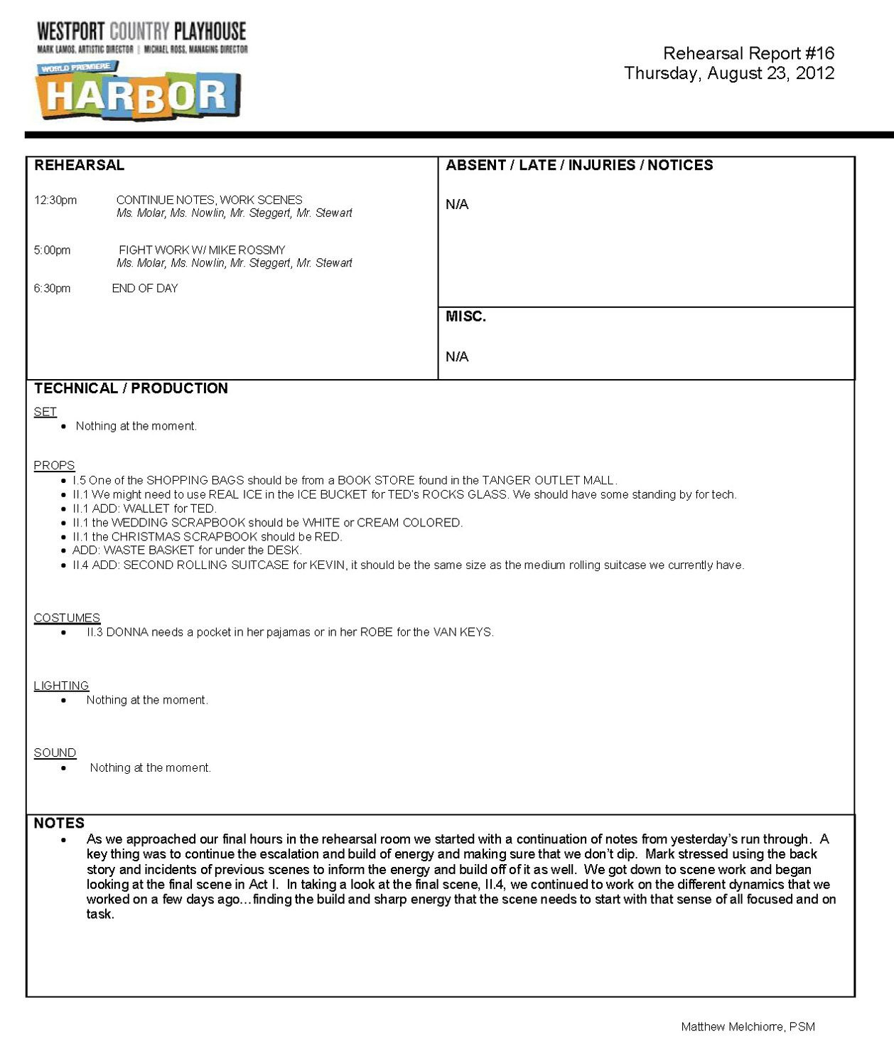Stage Manager Rehearsal Report – Google Search | Management Regarding Rehearsal Report Template