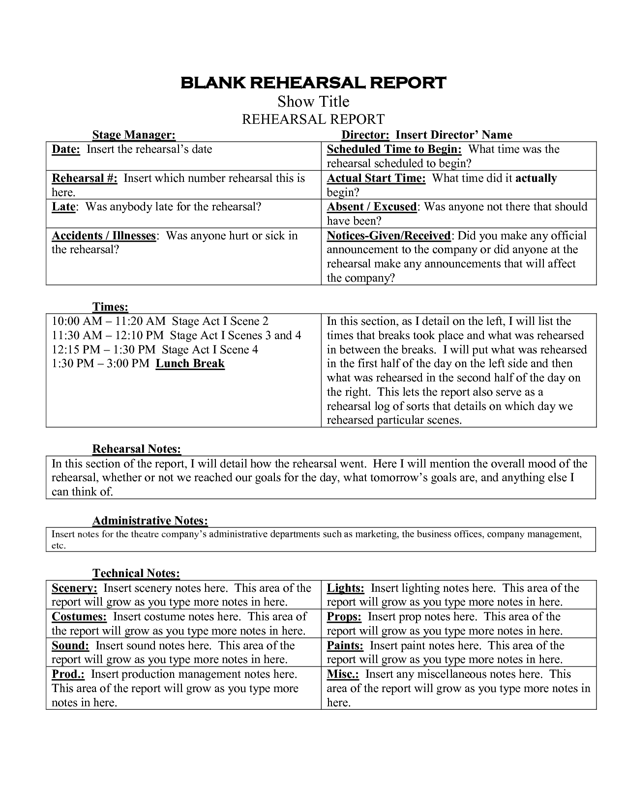 Stage Manager Rehearsal Report – Google Search | Stage For Rehearsal Report Template