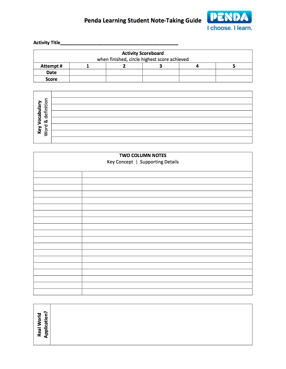 Student Note Taking Guide Templates – Penda Learning For Note Taking Template Word