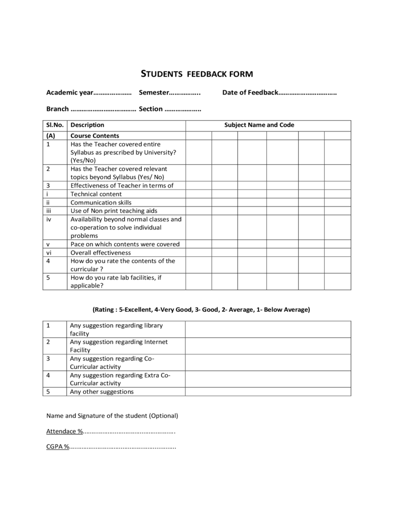 Students Feedback Form - 2 Free Templates In Pdf, Word Pertaining To Student Feedback Form Template Word