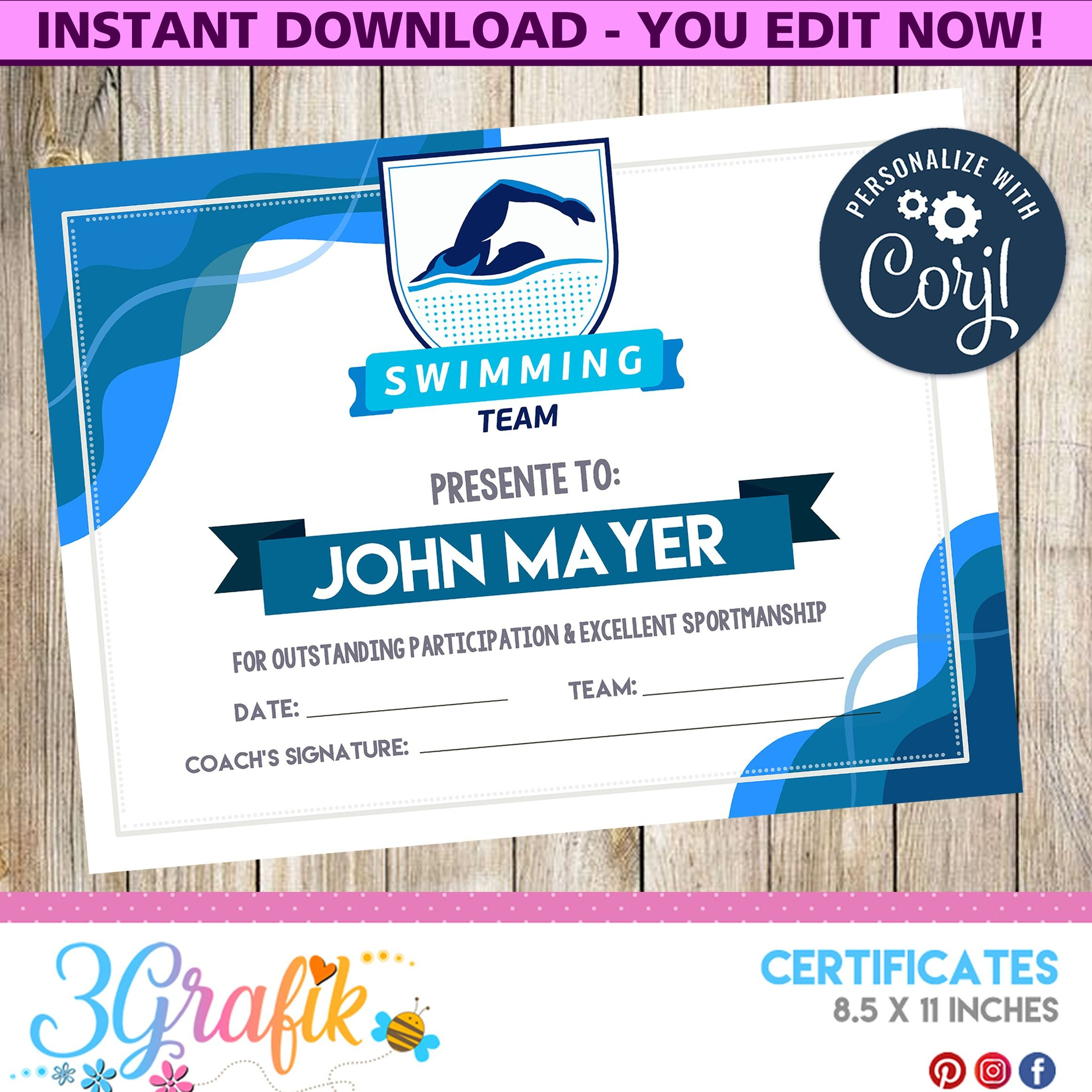 Swimming – Certificate – Printable – 3Grafik | Certificates Inside Free Swimming Certificate Templates