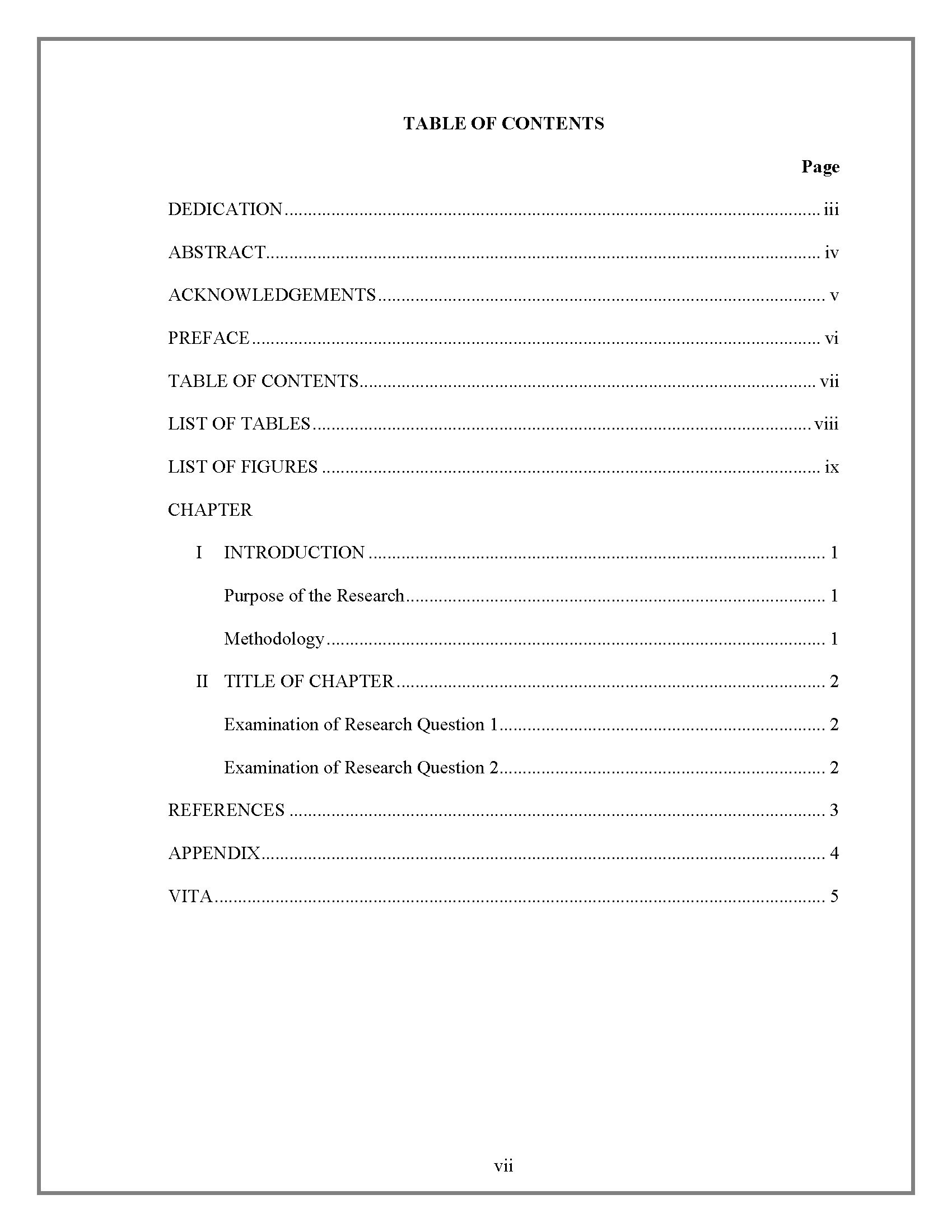 Table Of Contents – Thesis And Dissertation – Research Regarding Microsoft Word Table Of Contents Template