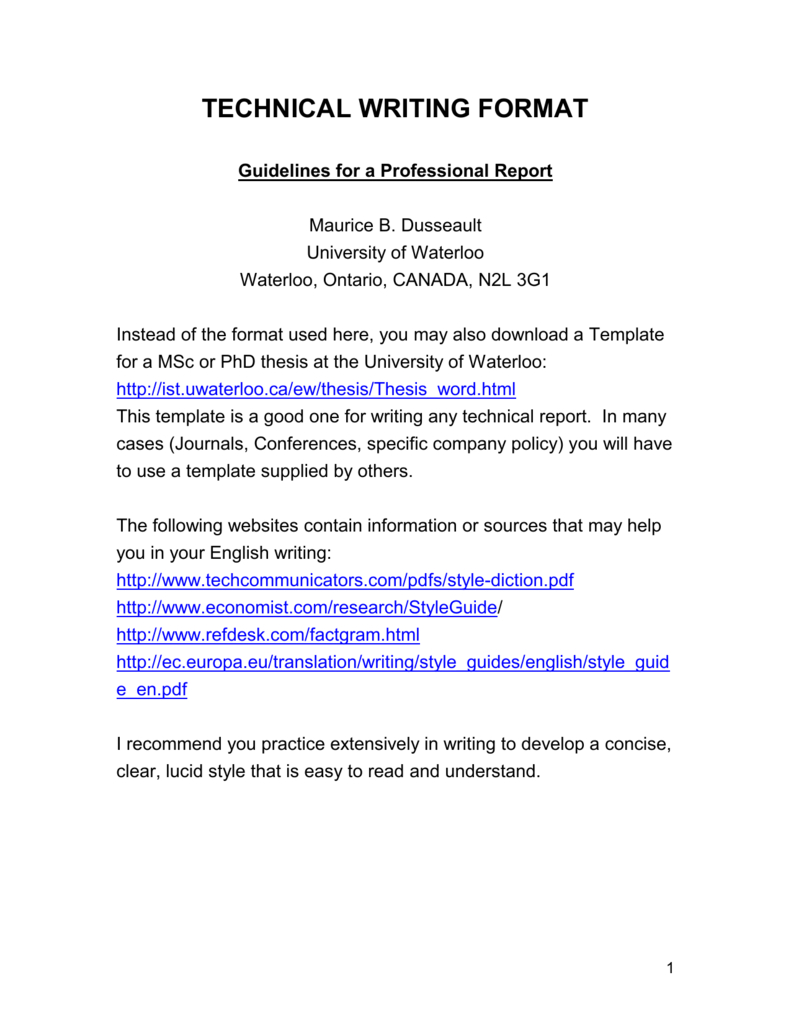 Technical Writing Format With Regard To Template For Technical Report