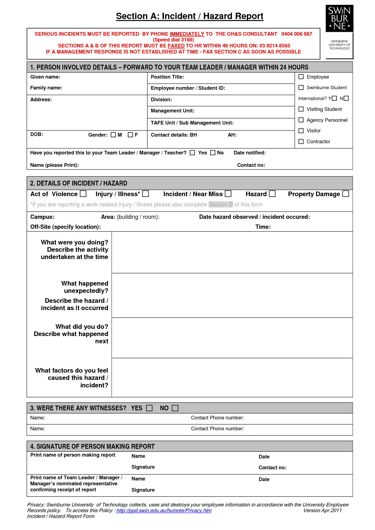 Technology Incident Report Template And Incident Report For Incident Hazard Report Form Template