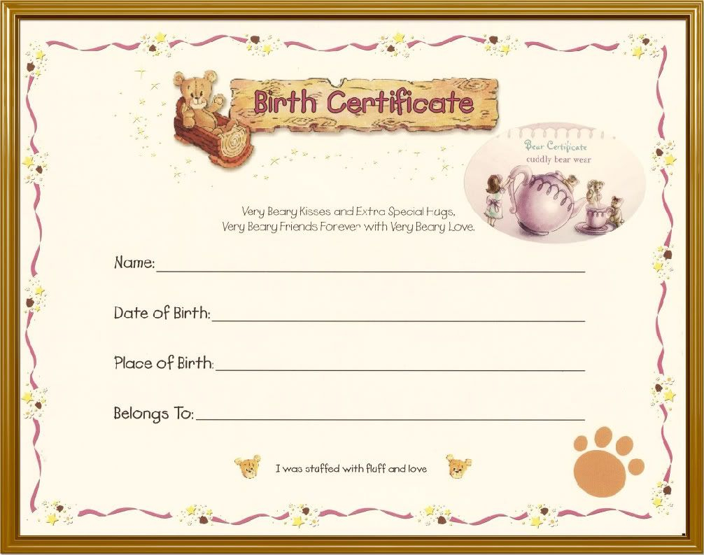 Teddy Bear Birth Certificate | Teddy Bear Tea | Birth For Baby Doll Birth Certificate Template