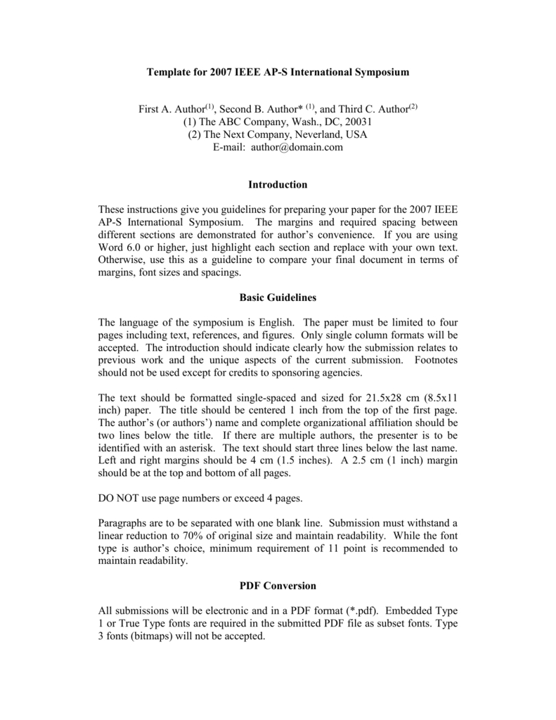 Template For 2005 Ieee Ap S International Symposium In Ieee Template Word 2007