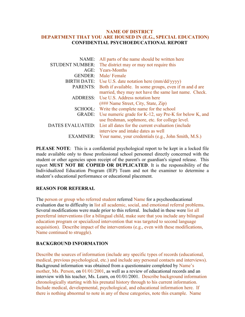 Template For A Bilingual Psychoeducational Report In School Psychologist Report Template