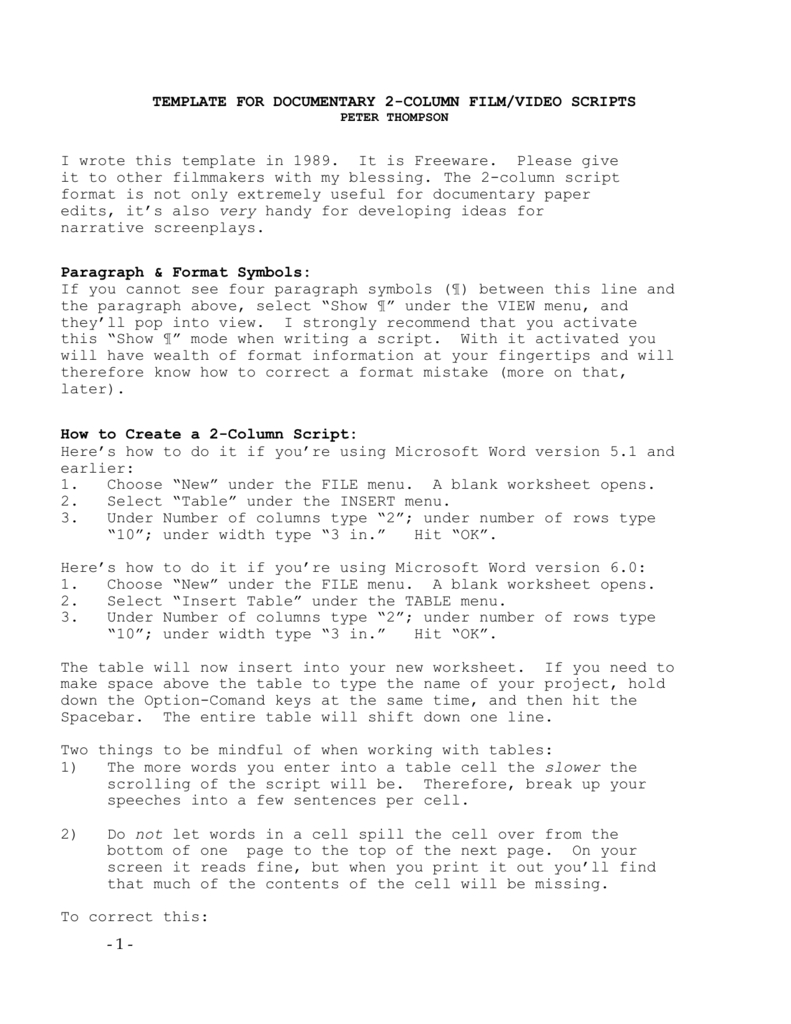 Template For Documentary 2 Column Film/video Scripts With 3 Column Word Template