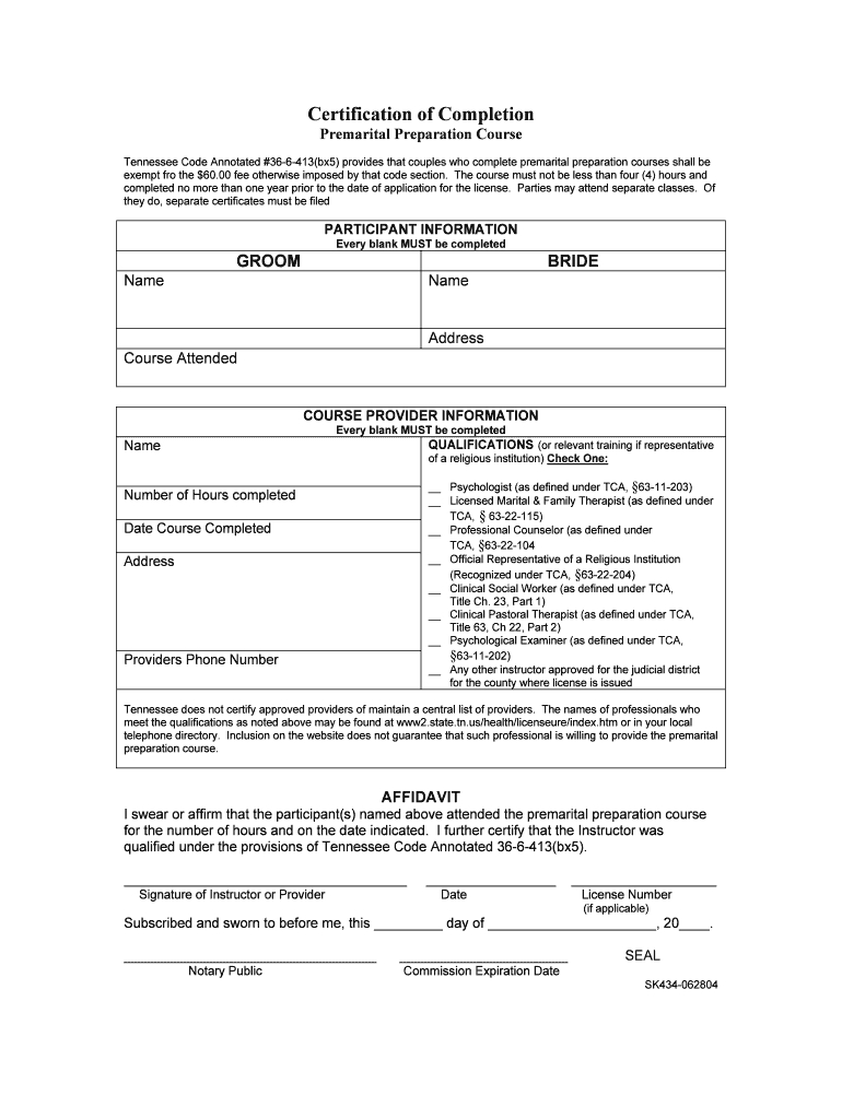 Tennessee Pre Marital Counseling Certificate – Fill Online Within Premarital Counseling Certificate Of Completion Template