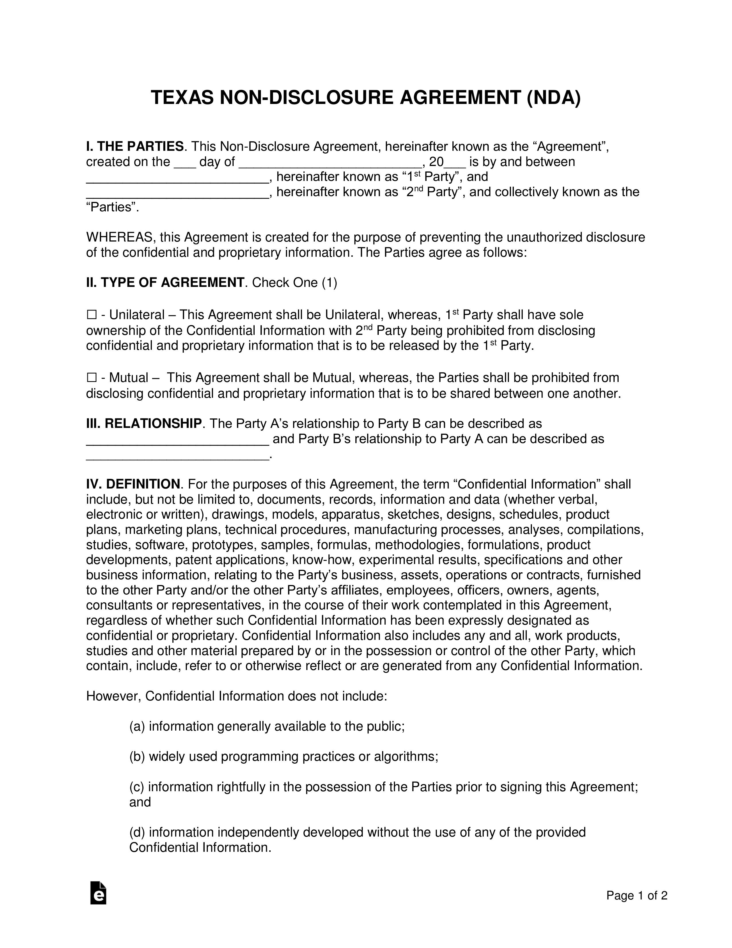 Texas Non Disclosure Agreement (Nda) Template | Eforms Within Nda Template Word Document