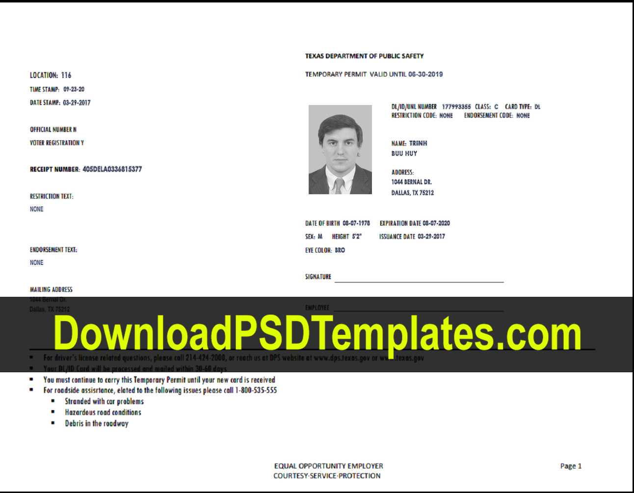 Printable Editable Texas Temporary Paper Id Template