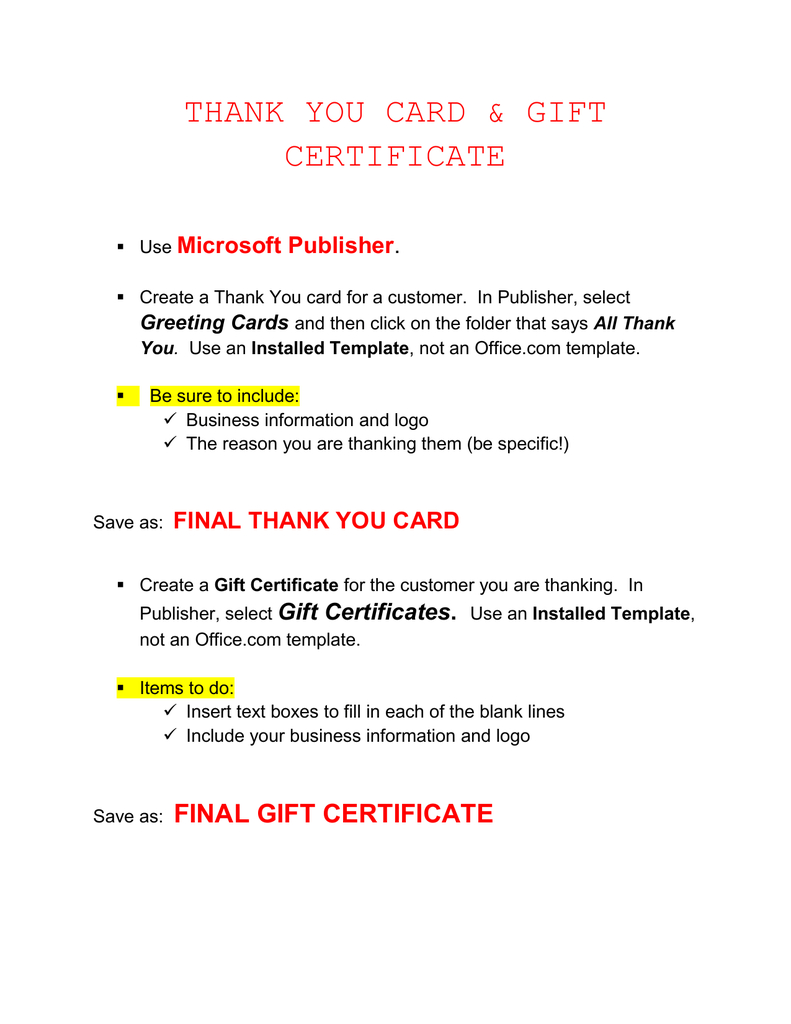 Thank You Card & Gift Certificate Microsoft Publisher . Inside Gift Certificate Template Publisher
