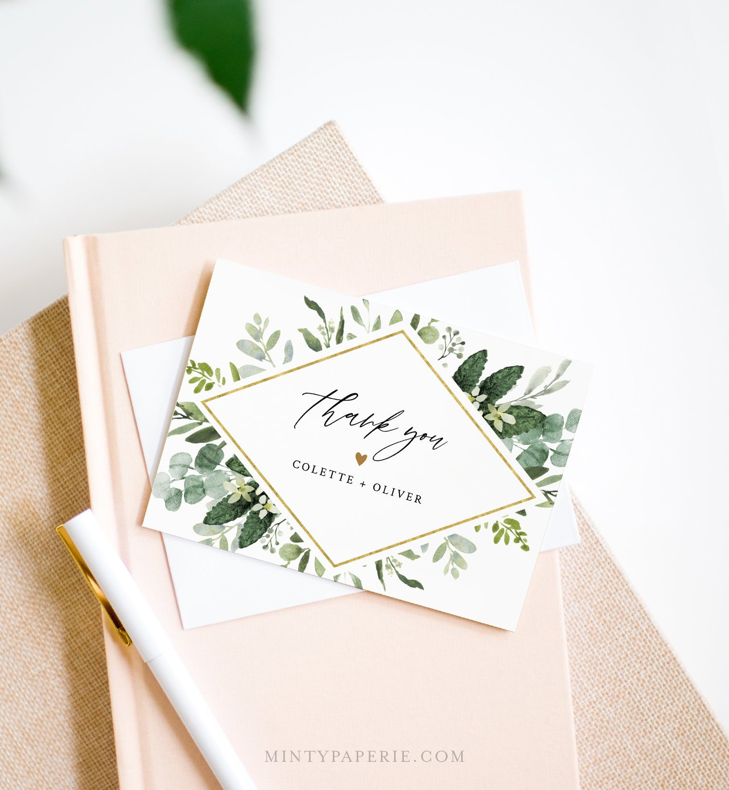 Thank You Note Card Template, Printable Greenery & Gold Wedding / Bridal  Shower Folded Card, Instant Download, Editable Text #082 124Tyc Inside Thank You Note Card Template