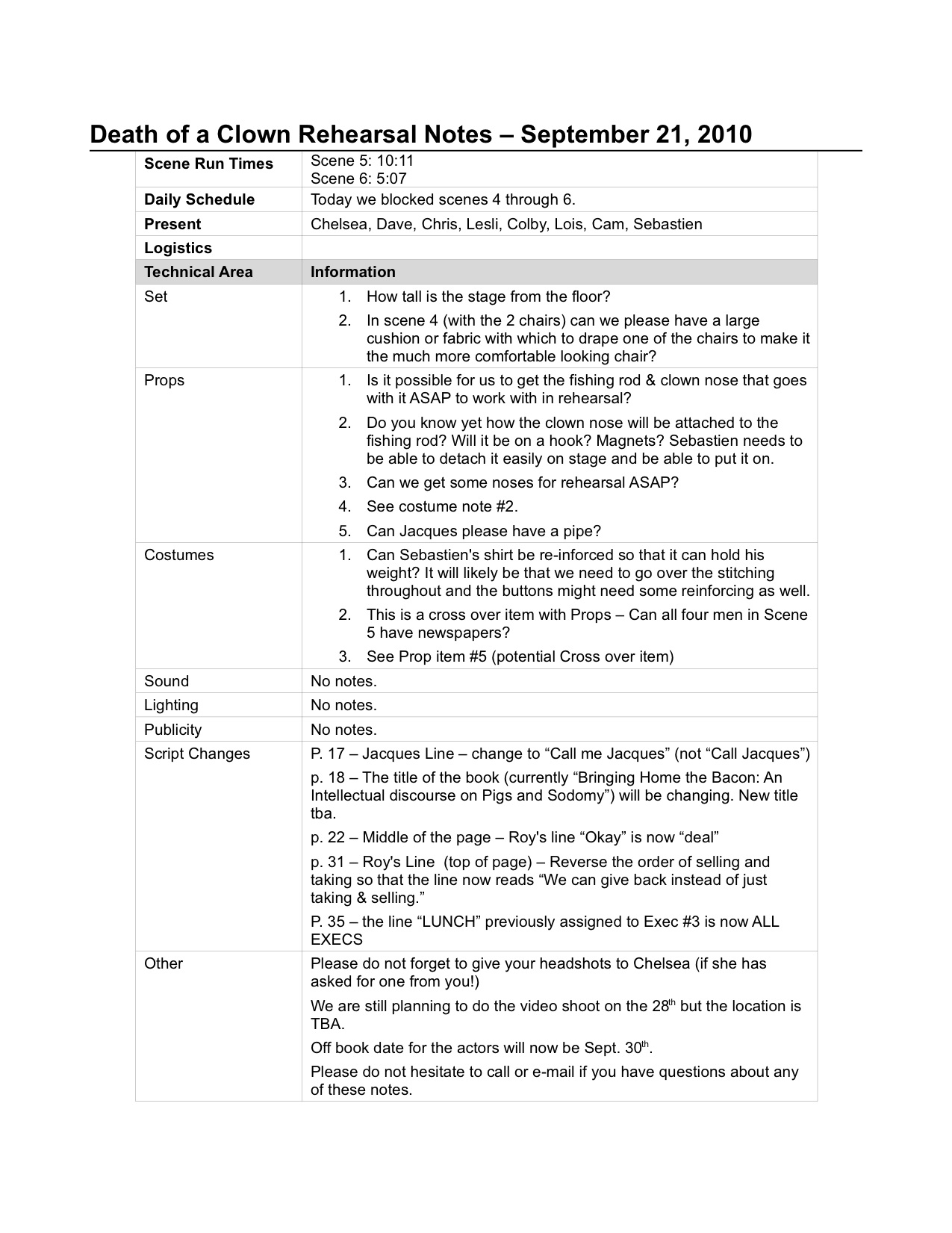 The Sm Prompt Book: Show Bible Pt. 2 – Lois Backstage Pertaining To Rehearsal Report Template