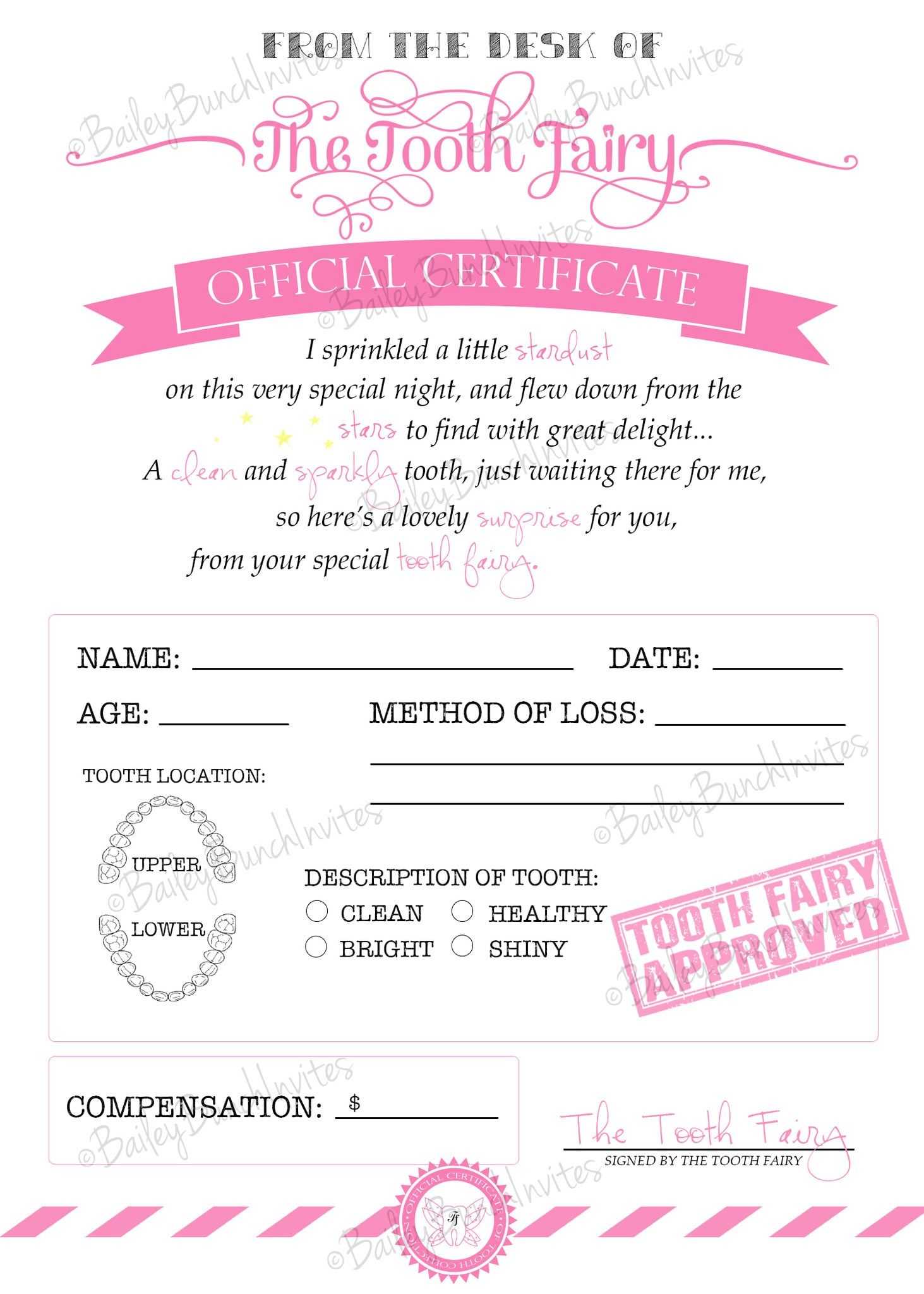 Tooth Fairy Certificate – Pink – Instant Download Regarding Free Tooth Fairy Certificate Template