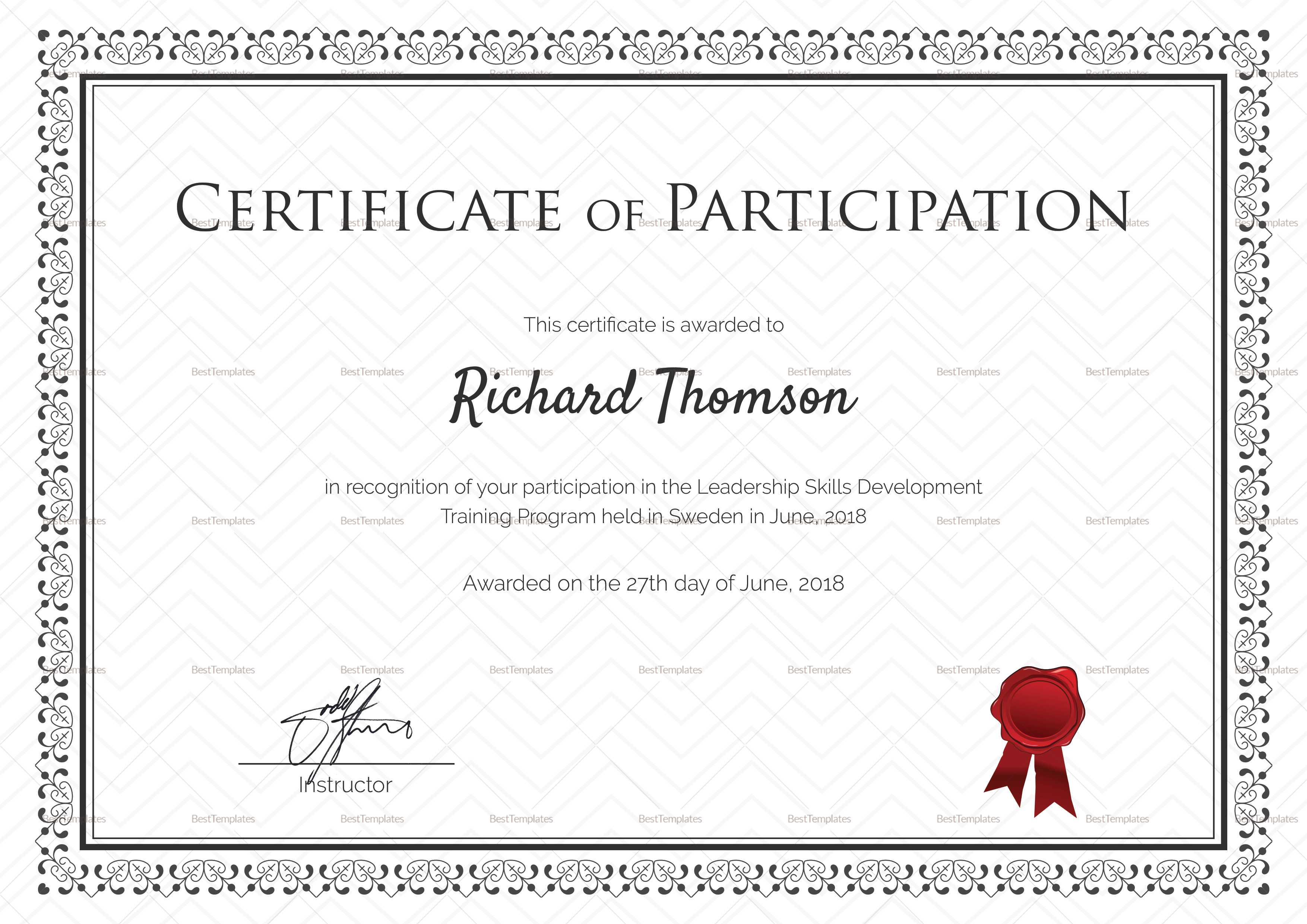 Training Participation Certificate Template Intended For Free Templates For Certificates Of Participation