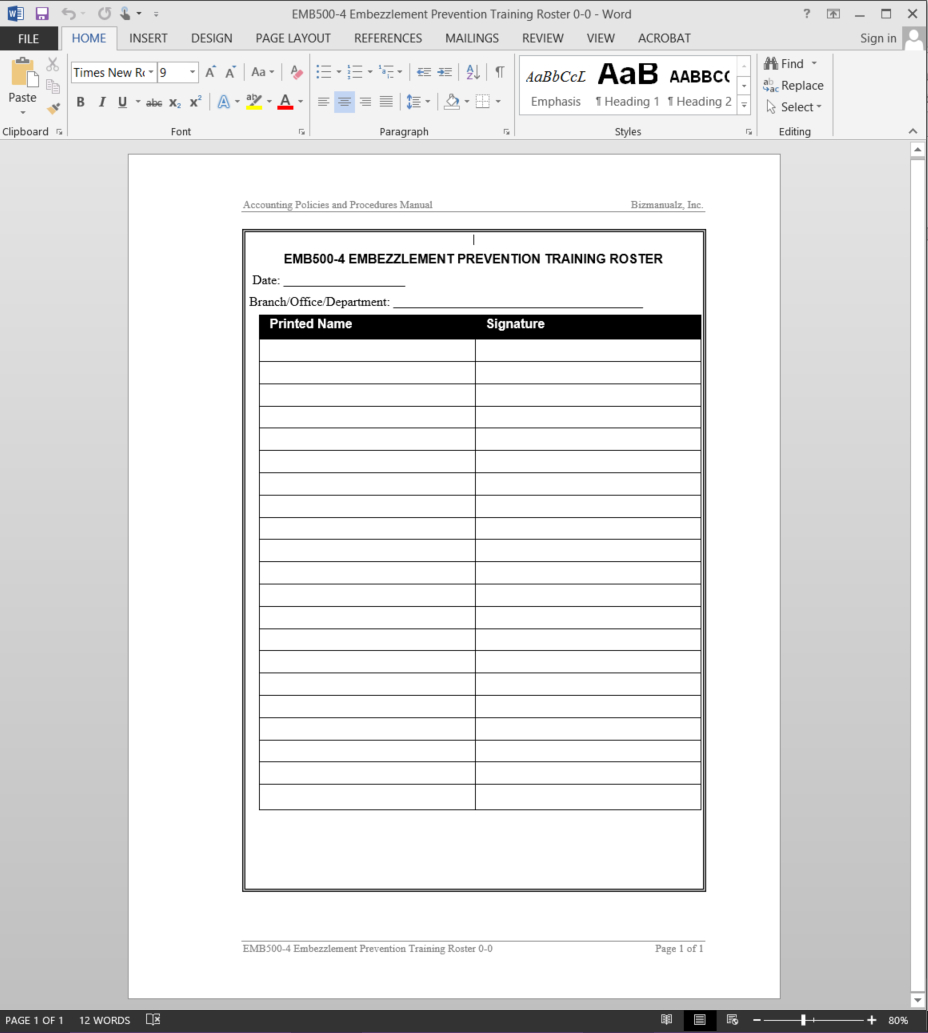 Training Record Template | Emb500 4 Inside Training Documentation Template Word
