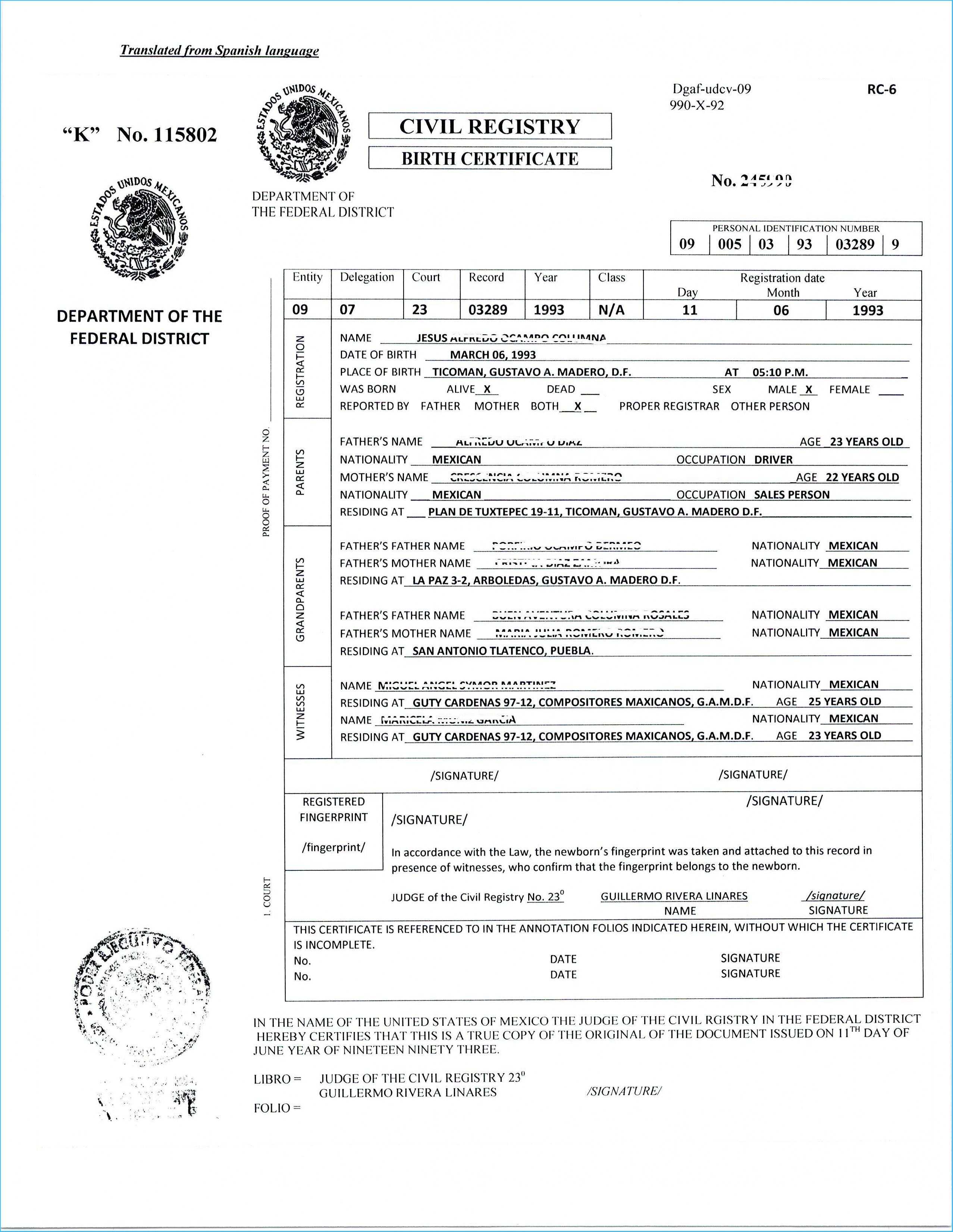 Translate Mexican Birth Certificate Free Template Translated For Mexican Marriage Certificate Translation Template